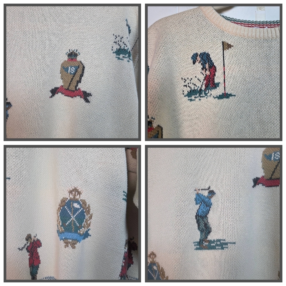 Vtg Neiman Marcus Cotton Golf Print Sweater Size Large Union Made Made In USA - Picture 10 of 16
